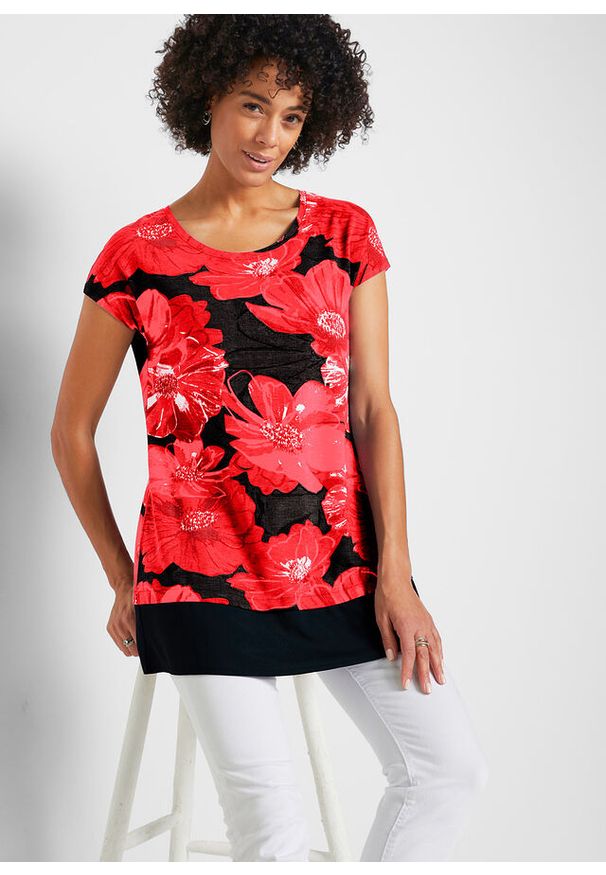 bonprix - Długi shirt z szyfonem. Kolor: czarny. Materiał: szyfon. Długość: długie. Wzór: nadruk. Sezon: lato