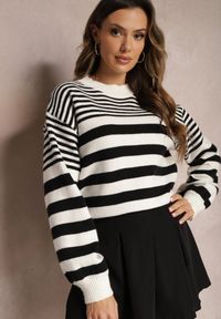 Renee - Biało-Czarny Klasyczny Sweter w Paski ze Ściągaczami Nirru. Kolor: biały. Wzór: paski. Styl: klasyczny #5