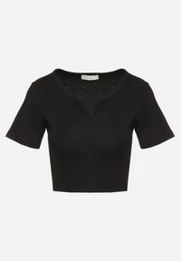 Born2be - Czarny Bawełniany T-shirt z Prążkowanego Materiału Linalora. Okazja: na co dzień, na spotkanie biznesowe. Kolor: czarny. Materiał: bawełna, materiał, prążkowany. Styl: biznesowy, klasyczny, elegancki, casual #4