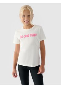 4f - 4F T-shirt z nadrukiem dziewczęcy - biały 146 (10-11 lat). Okazja: na co dzień. Kolor: biały. Materiał: bawełna, jersey, dzianina. Długość rękawa: krótki rękaw. Długość: krótkie. Wzór: nadruk. Sezon: lato. Styl: sportowy, klasyczny, casual