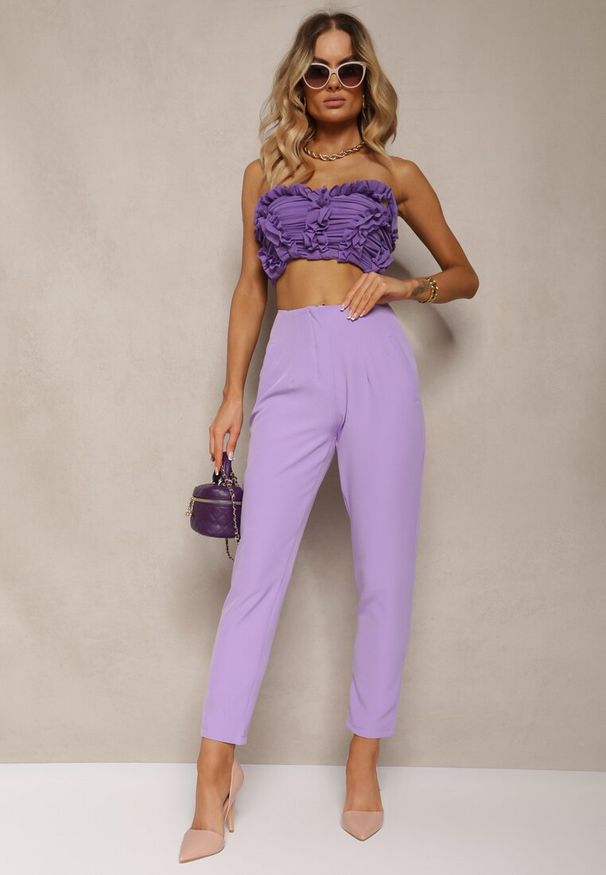 Renee - Fioletowe Spodnie Garniturowe High Waist z Paskiem Wenus. Okazja: na spotkanie biznesowe, na co dzień. Stan: podwyższony. Kolor: fioletowy. Materiał: tkanina, materiał. Wzór: jednolity, gładki. Styl: casual, biznesowy