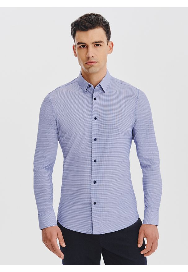 Pako Lorente - PAKO LORENTE – Granatowa dzianinowa koszula w pepitkę. Kolor: niebieski. Materiał: dzianina. Długość rękawa: długi rękaw. Długość: długie