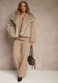 Renee - Beżowy Komplet z Dzianiny z Wiskozą Kardigan i Spodnie z Gumką Badrine. Kolor: beżowy. Materiał: wiskoza, dzianina. Wzór: aplikacja #2