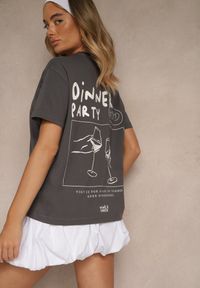 Renee - Ciemnoszary T-shirt z Bawełny z Nadrukiem Adferia. Okazja: na co dzień. Kolor: szary. Materiał: bawełna. Wzór: nadruk. Styl: klasyczny, elegancki, casual