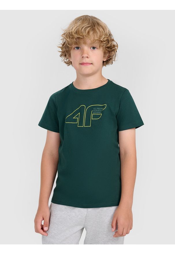 4f - 4F T-shirt regular z nadrukiem chłopięcy - zielony 158 (12-13 lat). Okazja: na co dzień. Kolor: turkusowy. Materiał: jersey, bawełna, materiał. Długość rękawa: krótki rękaw. Długość: krótkie. Wzór: nadruk. Sezon: lato. Styl: sportowy, klasyczny, casual