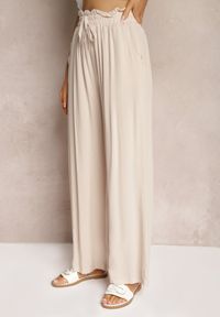 Renee - Jasnobeżowe Spodnie z Bawełny Typu Palazzo High Waist z Gumką w Talii Nelsaria. Okazja: na co dzień. Stan: podwyższony. Kolor: beżowy. Materiał: bawełna. Styl: casual, elegancki, wizytowy #4