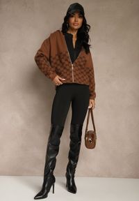 Renee - Brązowy Rozpinany Kardigan z Kapturem z Geometrycznym Wzorem Neratusa. Okazja: na co dzień. Typ kołnierza: kaptur. Kolor: brązowy. Materiał: jeans. Wzór: geometria. Sezon: wiosna. Styl: casual #4