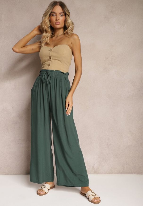 Renee - Zielone Spodnie z Bawełny High Waist z Szerokimi Nogawkami i Gumką w Pasie Clisea. Stan: podwyższony. Kolor: zielony. Materiał: bawełna. Sezon: lato