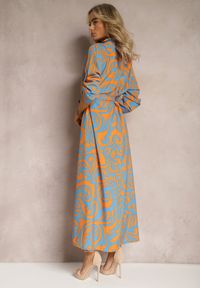 Renee - Niebiesko-Pomarańczowa Sukienka Koszulowa Maxi z Materiałowym Paskiem w Abstrakcyjny Print Lirans. Kolor: niebieski. Materiał: materiał. Wzór: nadruk. Typ sukienki: koszulowe. Długość: maxi #4