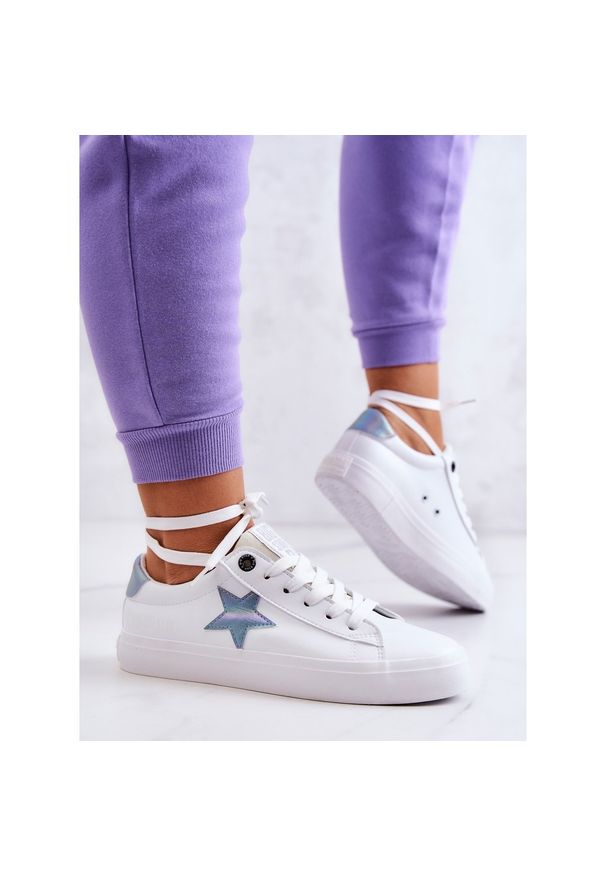Big-Star - Skórzane Tenisówki Gwiazda Big Star JJ274240 Białe niebieskie. Okazja: na spacer, na co dzień. Kolor: wielokolorowy, niebieski, biały. Materiał: skóra. Szerokość cholewki: normalna. Styl: casual