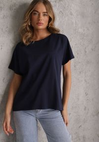 Renee - Granatowy T-shirt Basic Oversize z Bawełny Elusis. Okazja: na co dzień. Kolor: niebieski. Materiał: bawełna. Styl: elegancki, casual #3
