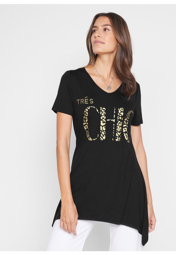 bonprix - Shirt z dłuższymi bokami i foliowym nadrukiem. Kolor: czarny. Długość: długie. Wzór: nadruk