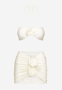 Born2be - Jasnobeżowe Bikini Góra z Paskami na Szyję i Kwiatami 3D z Dodatkową Spódniczką Renzi. Kolor: beżowy. Wzór: kwiaty #4