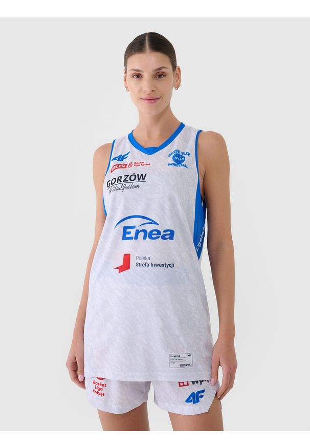 4f - 4F Koszulka meczowa replika domowa z sezonu 2024/25 damska 4F x Enea AZS AJP Gorzów Wielkopolski - multikolor XL. Typ kołnierza: dekolt w serek. Kolor: wielokolorowy. Materiał: materiał, syntetyk, włókno, dzianina. Wzór: gładki, nadruk, ze splotem. Sport: fitness, koszykówka