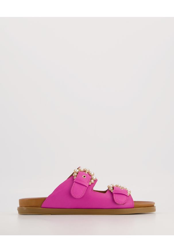 Venezia - RÓŻOWE KLAPKI DAMSKIE 030031366 BEAD. Kolor: różowy. Materiał: skóra, syntetyk. Obcas: na obcasie. Wysokość obcasa: średni