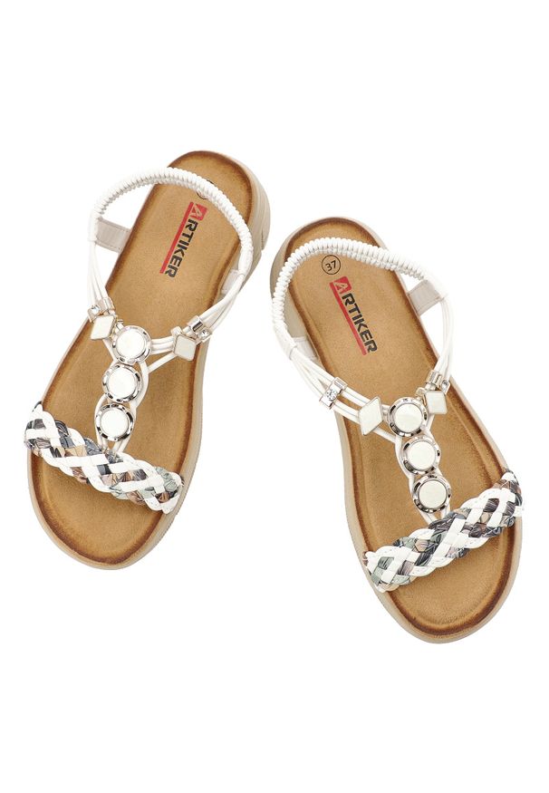 Sandały damskie Artiker, cholewka z materiału elastyczny pasek na pięcie plecione detale, białe, 58C0003. Zapięcie: pasek. Kolor: biały. Materiał: materiał