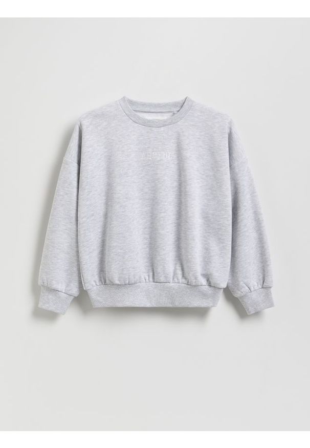 Reserved - Bluza z haftowanym napisem - jasnoszary. Kolor: szary. Materiał: dzianina, bawełna. Wzór: napisy, haft