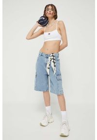 Tommy Jeans top damski kolor biały. Kolor: biały. Materiał: bawełna, poliester, dzianina. Długość rękawa: na ramiączkach. Wzór: aplikacja #4