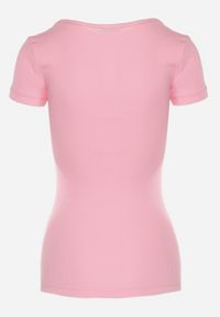 Born2be - Różowa Bawełniana Bluzka Prążkowana z Siateczkowym Dekoltem Acamilla. Kolor: różowy. Materiał: bawełna, prążkowany. Styl: elegancki