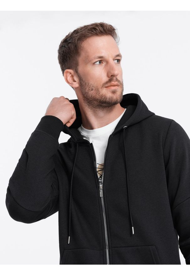 Ombre Clothing - Bluza męska rozpinana z kapturem - czarna V1. Typ kołnierza: kaptur. Kolor: czarny. Materiał: poliester, bawełna, dresówka. Wzór: geometria