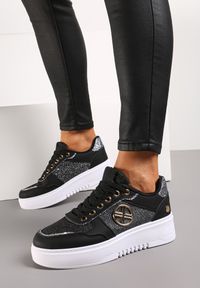 Renee - Czarne Sneakersy z Metalicznymi Wstawkami i Brokatem na Grubej Podeszwie Xaneta. Kolor: czarny #2