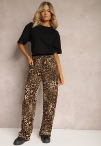 Renee - Beżowe Spodnie Panterkowe z Szerokimi Nogawkami High Waist z Zapięciem z Boku na Suwak Frisalie. Stan: podwyższony. Kolor: beżowy. Materiał: tkanina. Sezon: lato #5