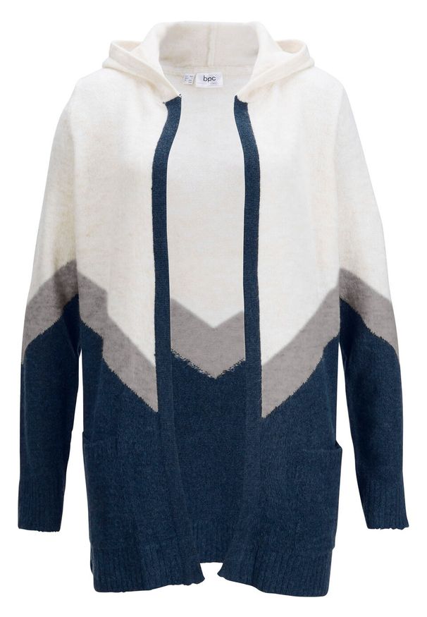 Sweter bez zapięcia we wzór "colour-blocking" bonprix jasnoszaro-biel wełny - ciemnoniebieski. Kolor: szary. Materiał: materiał, poliester, elastan, akryl
