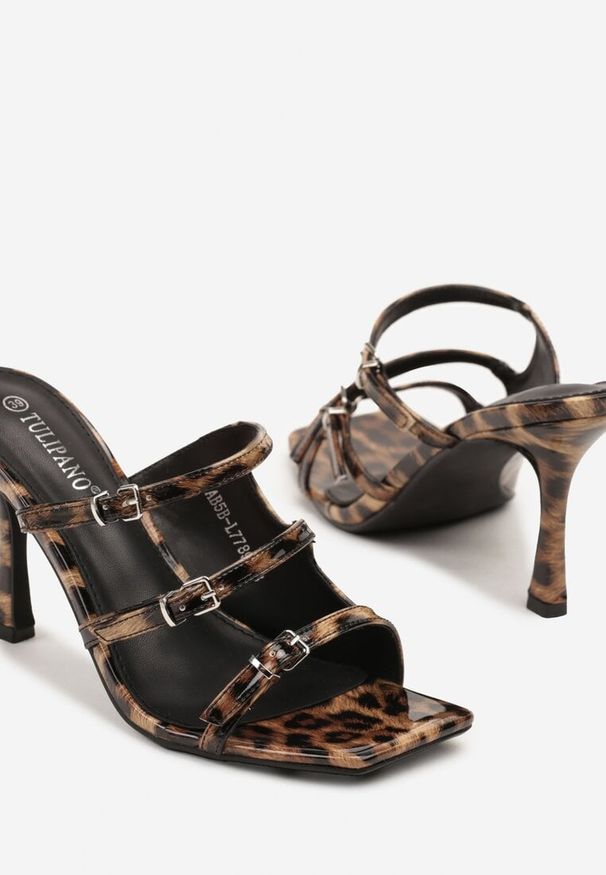 Born2be - Panterkowe Klapki na Szpilce z Kwadratowym Noskiem i Ozdobnymi Paskami Bannolia. Okazja: na co dzień. Materiał: jeans. Wzór: paski. Obcas: na szpilce. Styl: casual, elegancki, wizytowy