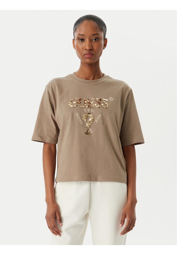 Guess T-Shirt V4YI06 I3Z14 Beżowy Regular Fit. Kolor: beżowy. Materiał: bawełna