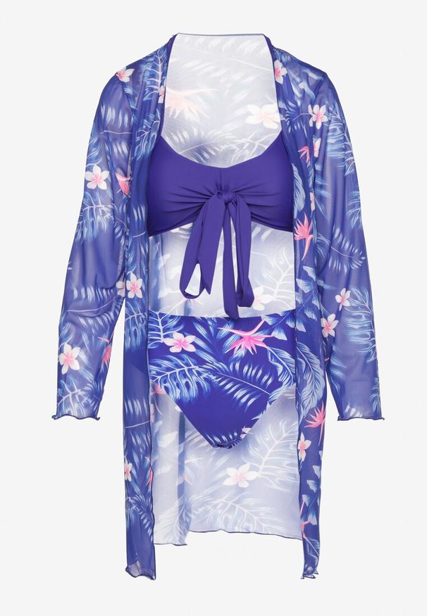 Born2be - Niebieskie Bikini Wiązany Biustonosz i Majtki Figi z Dodatkową Narzutką z Siateczki Zareliah. Kolor: niebieski. Materiał: len. Wzór: aplikacja
