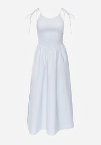 Renee - Niebieska Rozkloszowana Sukienka z Bawełny z Gumkami w Biuście i Ramiączkami na Wiązanie Omphoreia. Okazja: na imprezę, na co dzień. Kolor: niebieski. Materiał: bawełna. Długość rękawa: na ramiączkach. Typ sukienki: rozkloszowane, proste. Styl: casual, elegancki #8