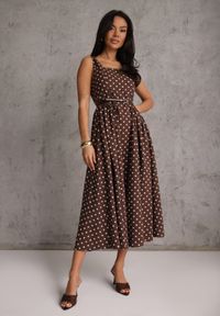 Renee - Brązowa Retro Sukienka z Bawełny i Wiskozy w Kropki o Rozkloszowanym Kroju Phrithoe. Okazja: na randkę. Kolor: brązowy. Materiał: wiskoza, bawełna. Wzór: kropki. Typ sukienki: rozkloszowane. Styl: retro #2