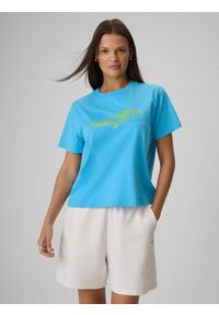 4f - 4F T-shirt boxy z nadrukiem damski - niebieski XS. Okazja: na co dzień. Kolor: niebieski. Materiał: dzianina, materiał, bawełna. Wzór: nadruk. Styl: casual #1