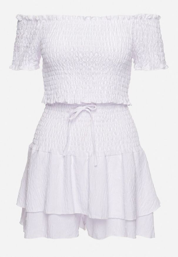 Born2be - Biały Komplet Top w Stylu Hiszpanki i Spódnico-Szorty z Gumką Quillatta. Kolor: biały. Wzór: aplikacja