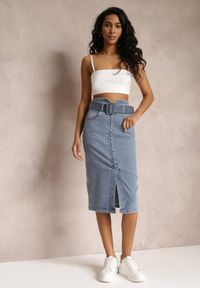Renee - Niebieska Jeansowa Spódnica Ołówkowa Midi z Guzikami i Rozcięciem Jackiesa. Kolor: niebieski. Materiał: jeans #5