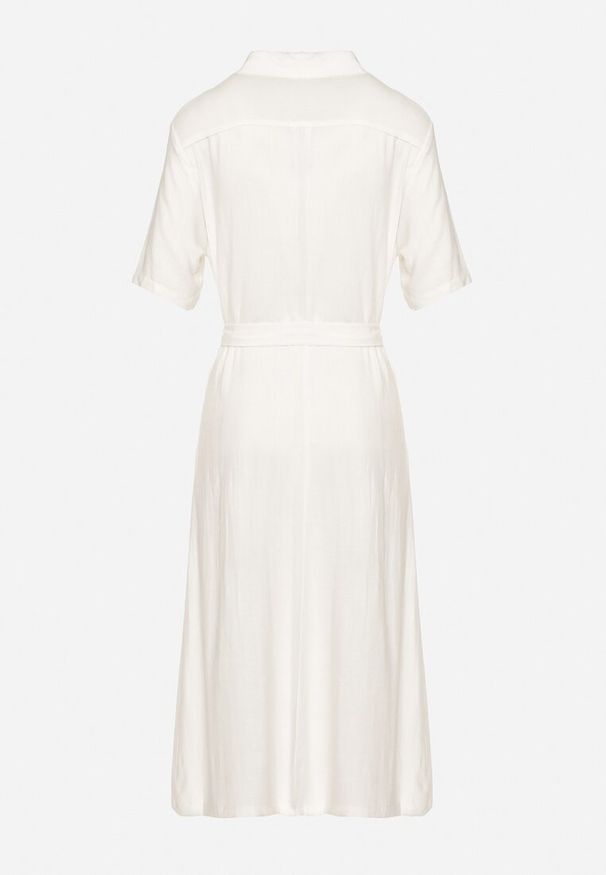 Born2be - Biała Koszulowa Sukienka z Wiskozy z Lnem Zapinana na Guziki z Materiałowym Paskiem Fidilla. Okazja: na spotkanie biznesowe, na co dzień. Kolor: biały. Materiał: wiskoza, materiał, len. Wzór: aplikacja. Typ sukienki: koszulowe. Styl: elegancki, biznesowy, casual