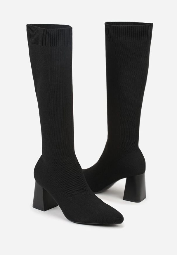 Born2be - Czarne Eleganckie Kozaki VICES na Słupku ze Skarpetkową Cholewką Mialles. Okazja: na co dzień, na spotkanie biznesowe, do pracy. Kolor: czarny. Materiał: jeans. Szerokość cholewki: normalna. Obcas: na słupku. Styl: elegancki. Wysokość obcasa: średni