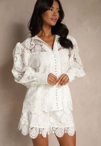 Renee - Biały Ażurowy Komplet z Bawełną Szorty i Koszula Zerolina. Kolor: biały. Materiał: bawełna. Wzór: ażurowy #4