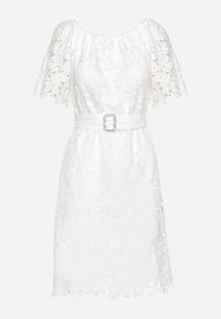 Born2be - Biała Sukienka Koronkowa z Gumką przy Dekolcie z Paskiem Inessias. Kolor: biały. Materiał: koronka. Długość rękawa: krótki rękaw #6