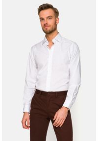 Lancerto - Koszula Biała w Mikrowzór Lorenza. Kolor: biały. Materiał: włókno, jeans, bawełna, tkanina. Wzór: nadruk, ze splotem