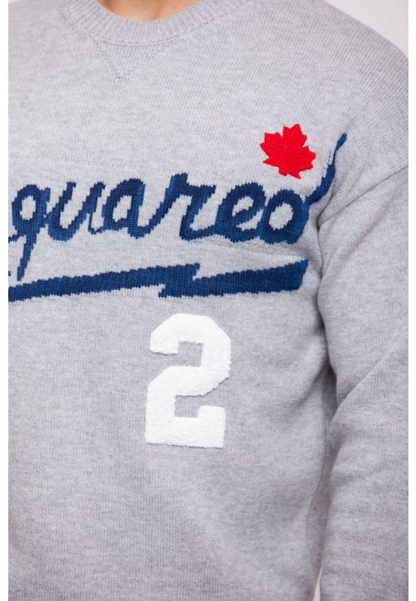 DSQUARED2 Szary sweter męski z granatowym logo, Rozmiar S. Kolor: szary. Materiał: wełna. Wzór: aplikacja