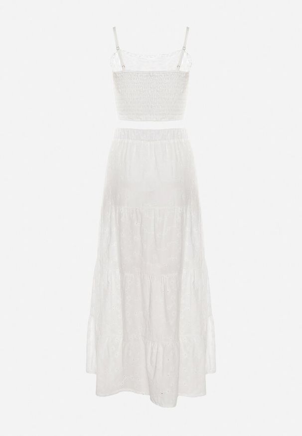 Born2be - Biały Komplet Boho z Koronkowym Topem i Długą Spódnicą z Gumką w Pasie Isemia. Kolor: biały. Materiał: koronka