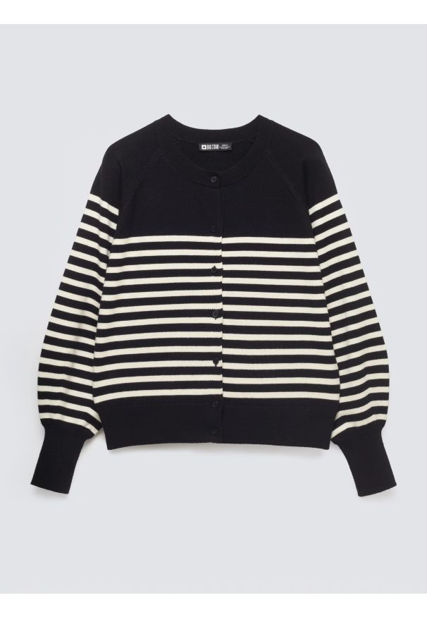 Big-Star - Kardigan damski w białe paski czarny Suzana 906. Okazja: na co dzień. Kolor: czarny. Materiał: wiskoza, jeans. Długość rękawa: krótki rękaw. Wzór: paski. Styl: klasyczny, casual