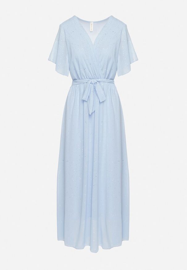 Born2be - Niebieska Brokatowa Sukienka Koktajlowa Ozdobiona Paskiem Ziliane. Okazja: na imprezę. Kolor: niebieski. Wzór: aplikacja. Styl: wizytowy