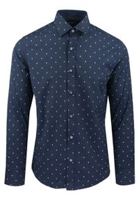 Męska Koszula, Taliowana (Slim Fit) - Rigon - Granat, Drobny Wzór. Okazja: do pracy, na spotkanie biznesowe. Kolor: niebieski. Materiał: bawełna, poliester, elastan. Długość rękawa: długi rękaw. Długość: długie. Styl: wizytowy, elegancki, biznesowy #1