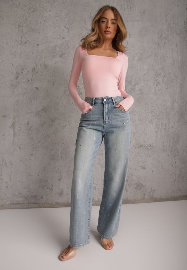 Renee - Jasnoróżowa Bluzka z Elastycznego Materiału o Kwadratowym Dekolcie z Wiskozą Nemosa. Typ kołnierza: dekolt kwadratowy. Kolor: różowy. Materiał: wiskoza, materiał. Długość rękawa: długi rękaw. Długość: długie