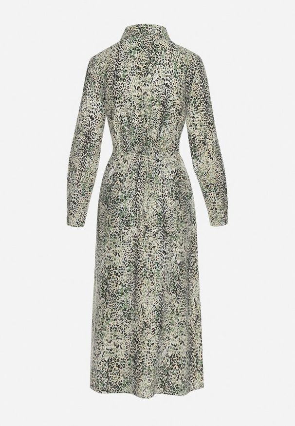 Born2be - Zielona Bawełniana Sukienka Koszulowa w Panterkę z Wiązanym Paskiem Melinettia. Okazja: na co dzień. Kolor: zielony. Materiał: bawełna. Długość rękawa: długi rękaw. Wzór: motyw zwierzęcy. Typ sukienki: koszulowe. Styl: klasyczny, casual, elegancki