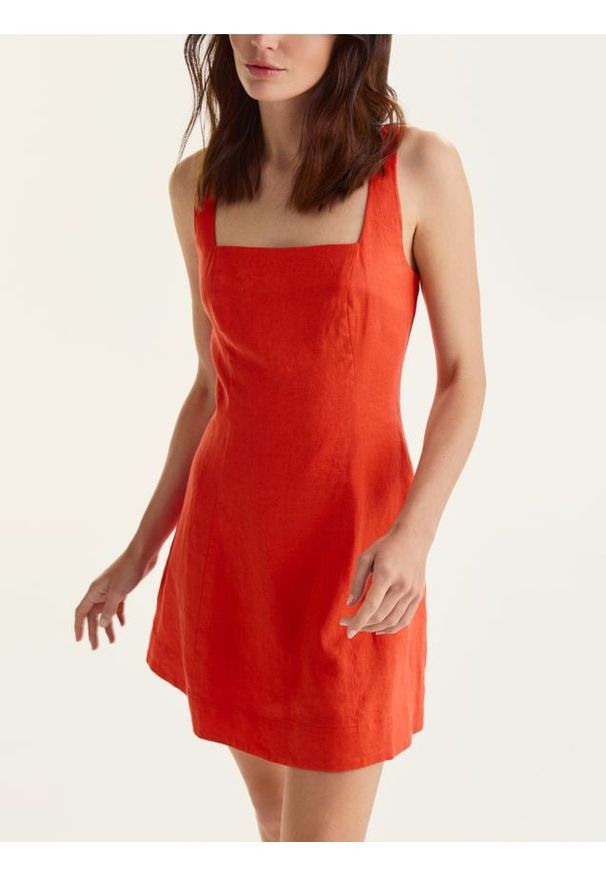 Reserved - Lniana sukienka mini - pomarańczowy. Kolor: pomarańczowy. Materiał: len. Długość: mini