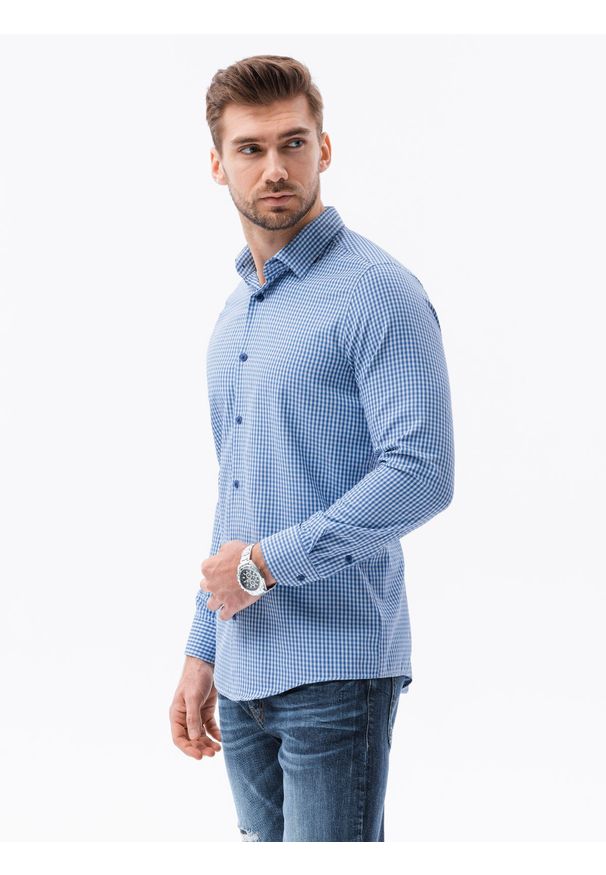 Ombre Clothing - Koszula męska w drobną kratę REGULAR FIT K622 - niebieska - XL. Okazja: na co dzień. Kolor: niebieski. Materiał: bawełna, poliester. Długość rękawa: długi rękaw. Długość: długie. Styl: casual, klasyczny
