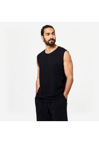 DOMYOS - Koszulka bez rękawów męska Domyos Gym & Pilates 500. Kolor: czarny. Materiał: materiał, elastan, bawełna, tkanina, prążkowany. Długość rękawa: bez rękawów. Wzór: ze splotem. Styl: klasyczny